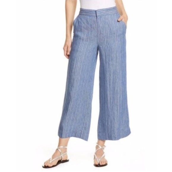 Brochu Walker linen wide leg cropped Blue pin Striped Women's Pants size XS - Picture 1 of 10